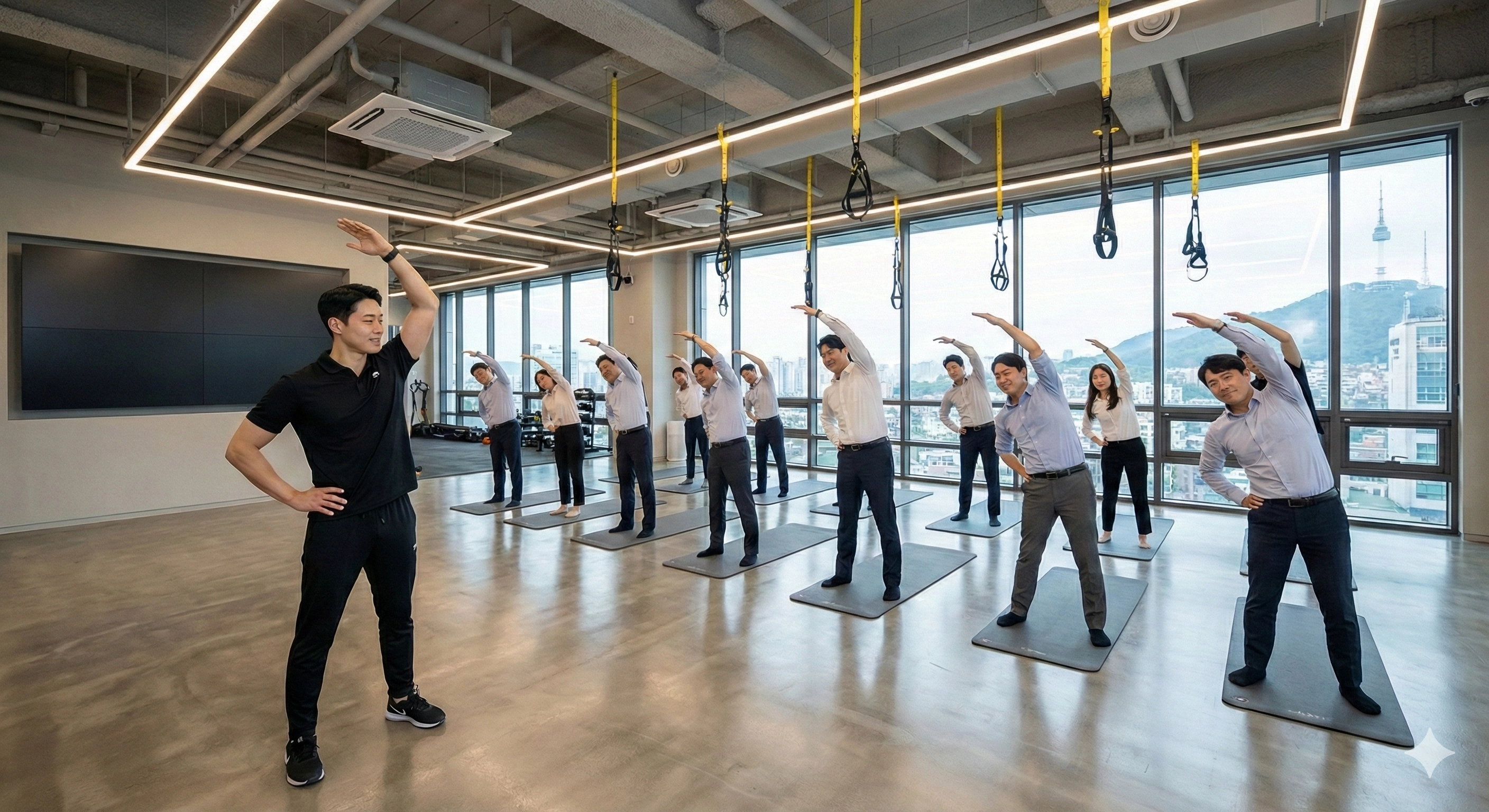 기업 사무실에서 임직원 건강관리 프로그램 진행 모습