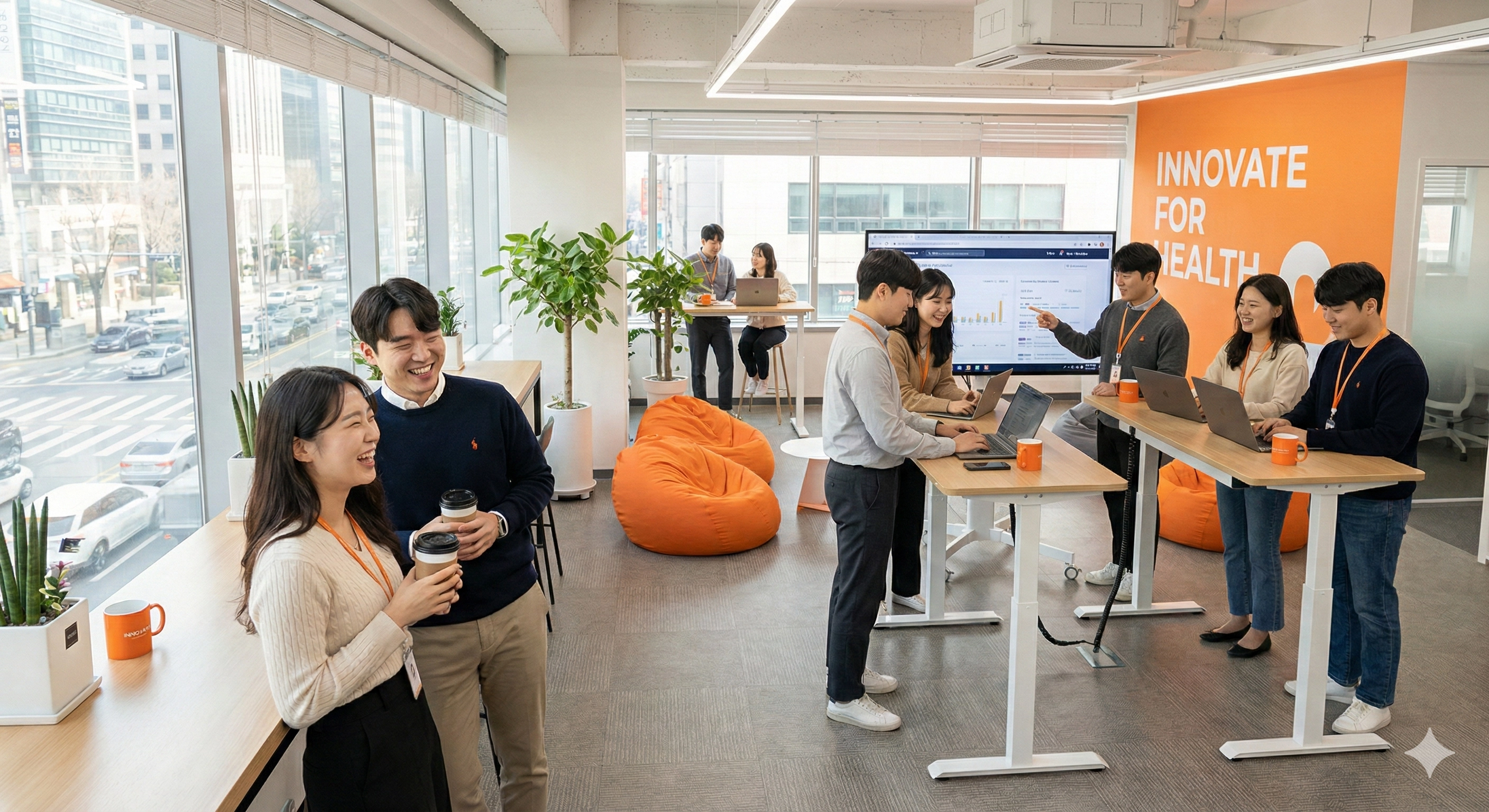 팀원들이 협업하는 밝은 사무실 모습